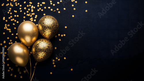 Festive background with gold balloons and scattered golden confetti. Premium background, Generative ai