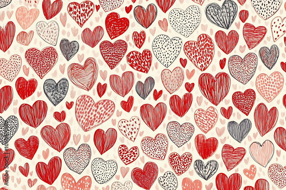 The image showcases a charming background adorned with hand-drawn hearts in various shades of red and white The image showcases a charming background adorned with hand-drawn hearts in various shades of red and white