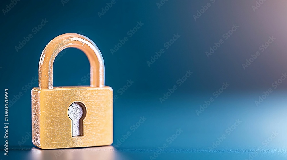 Fototapeta premium A golden padlock sits on a blue surface, symbolizing security, protection, and confidentiality in a modern context.