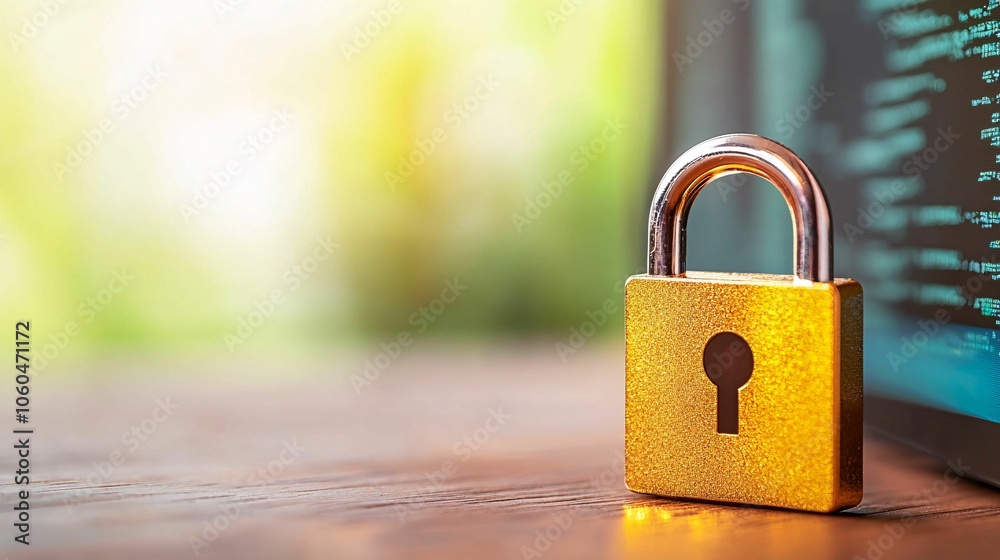 Fototapeta premium A golden padlock rests on a wooden surface with a blurred background, symbolizing security and protection in a digital age.