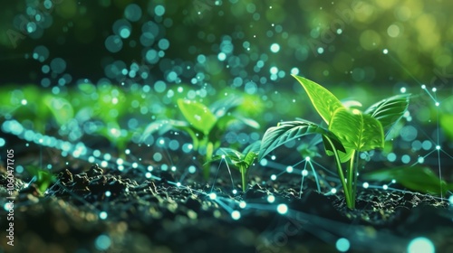 Seedlings are growing from fertile soil with a glowing digital network overlay, representing future technology in agriculture and environmental sustainability