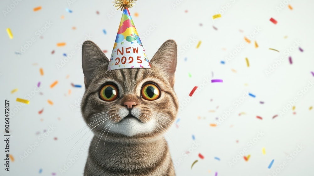 Cute cartoon cat in a 'New Year 2025' party hat with confetti on white background Cute cartoon cat in a 'New Year 2025' party hat with confetti on white background