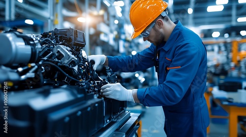 A skilled industrial worker in safety gear repairs an engine in a workshop, showcasing precision and focus amidst modern machinery and tools.