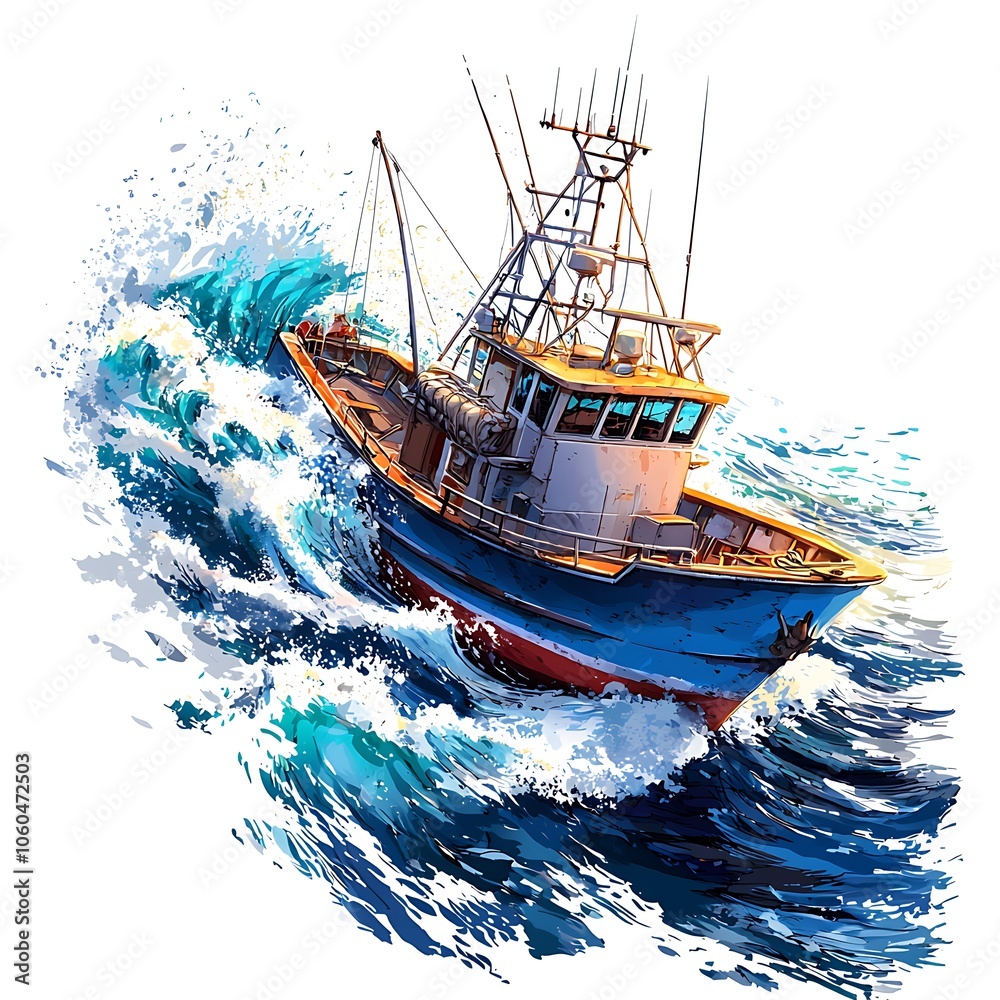 Obraz premium Fishing Boat Battling Waves on a Stormy Sea.