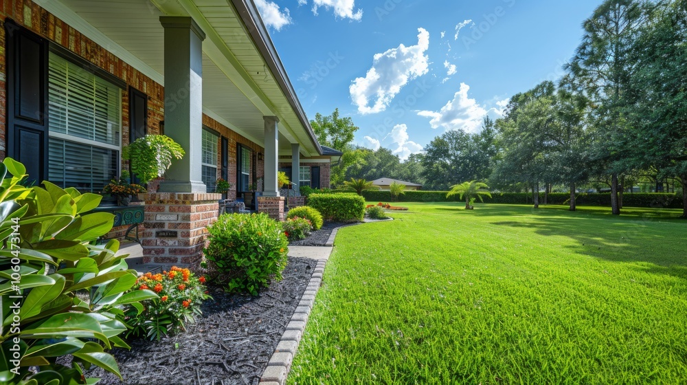 View from the front porch of a modern suburban home with a manicured front lawn in a nice community neighborhood across the street to a park on a sunny summer day. View from the front porch of a modern suburban home with a manicured front lawn in a nice community neighborhood across the street to a park on a sunny summer day.