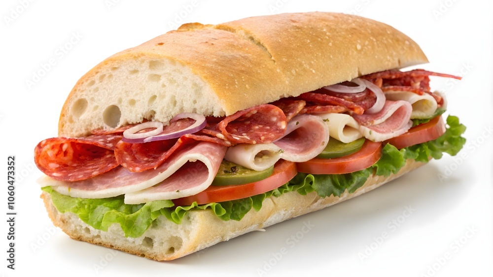 Italian Sub Sandwich with Salami, Pepperoni, Ham and Provolone Cheese, Side View on White Italian Sub Sandwich with Salami, Pepperoni, Ham and Provolone Cheese, Side View on White