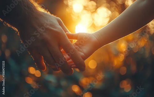 Golden rays paint a tender moment. A father's hand, a son's small grasp a bond of love, warmth, and shared sunsets. photo