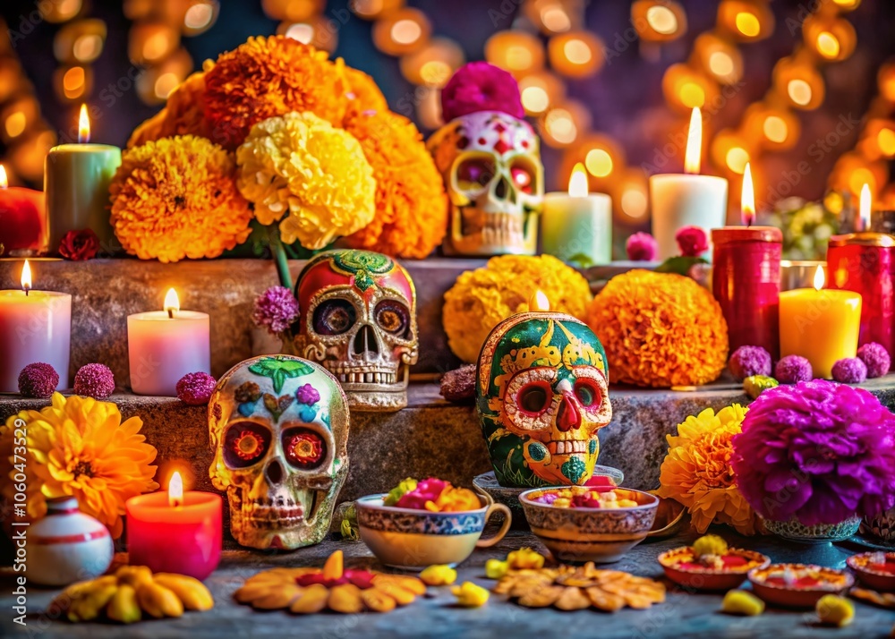 Fototapeta premium Colorful Day of the Dead Altar with Sugar Skulls and Marigolds - Vibrant Celebration of Life and Culture