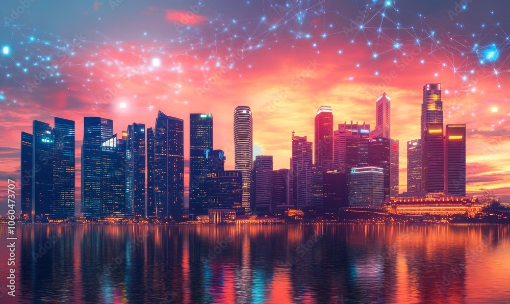 Fototapeta premium Stunning city skyline at sunset with vibrant colors and a futuristic digital network overlay, symbolizing innovation and connectivity