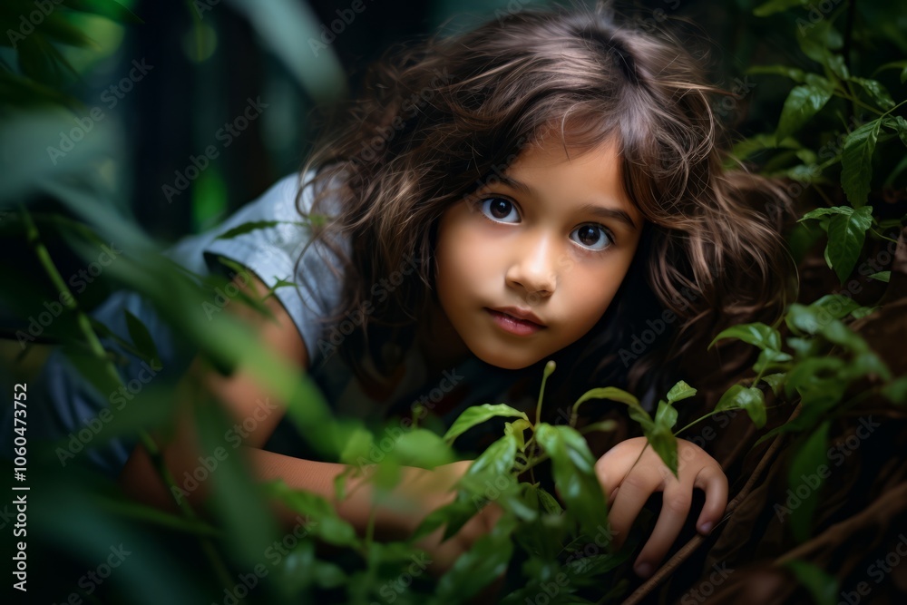 Beautiful little girl with long curly hair in a green garden. Beautiful little girl with long curly hair in a green garden.