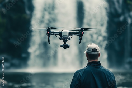 Man Operating Drone Near Majestic Waterfall photo