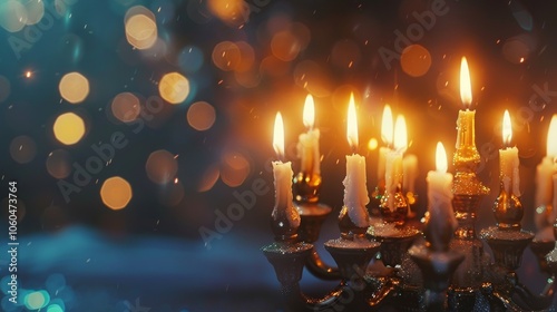 Menorah with all candles lit, photo