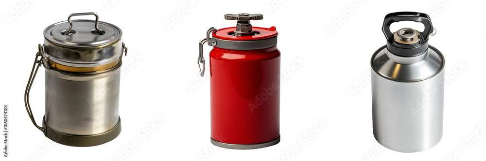 Set of a compact camp stove fuel canister for portable stoves isolated on a transparent background Set of a compact camp stove fuel canister for portable stoves isolated on a transparent background