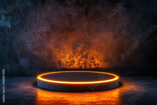 Circular Platform with Glowing Edge in Dark Room