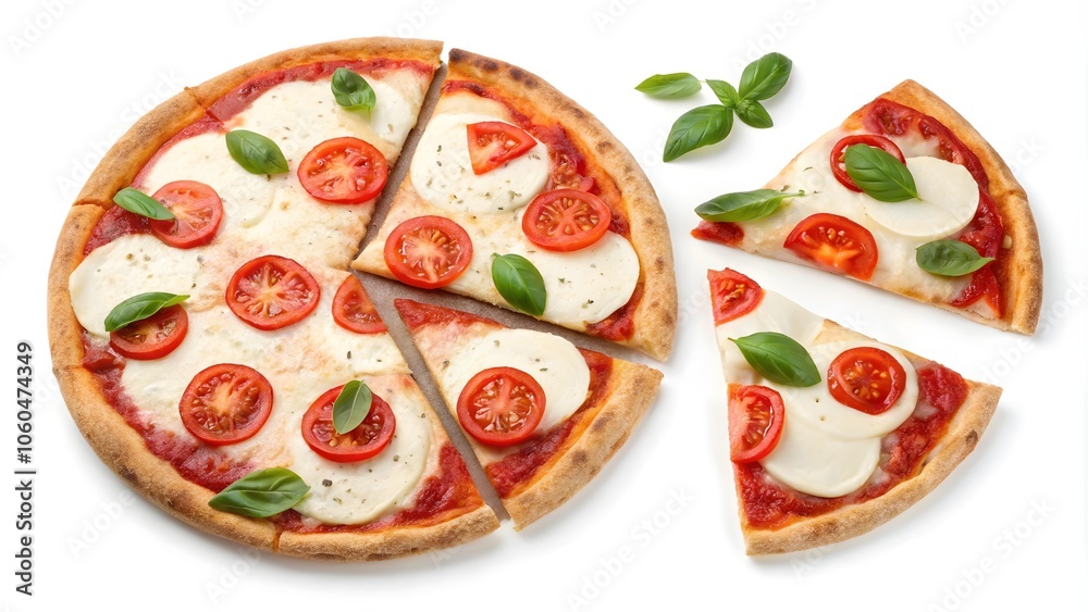 Pizza Margherita with Mozzarella and Fresh Basil, Side and Top View on White Background Pizza Margherita with Mozzarella and Fresh Basil, Side and Top View on White Background