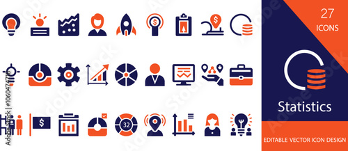 Statistics solid icon set. containing  data, tracking, analytics, performance, report, probability, mean and more vector  design   