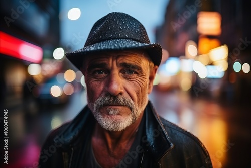 Portrait of an old man with hat in the city at night