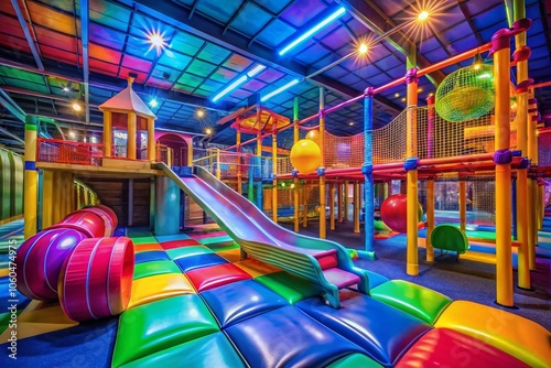 Colorful Indoor Playground with Slide and Activity Structure in Low Light, Fun Atmosphere for Kids, Vibrant Play Area, Engaging Design, Perfect for Family Fun and Recreation Activities