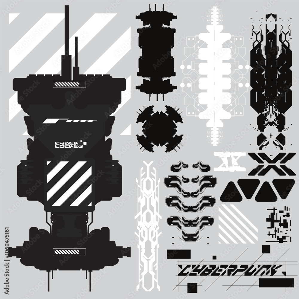 Obraz premium cyberpunk y2k 2000s gaming futuristic icon pattern set collection template hud for branding fashion t-shirt decoration decals, 2d illustration rendering vector 