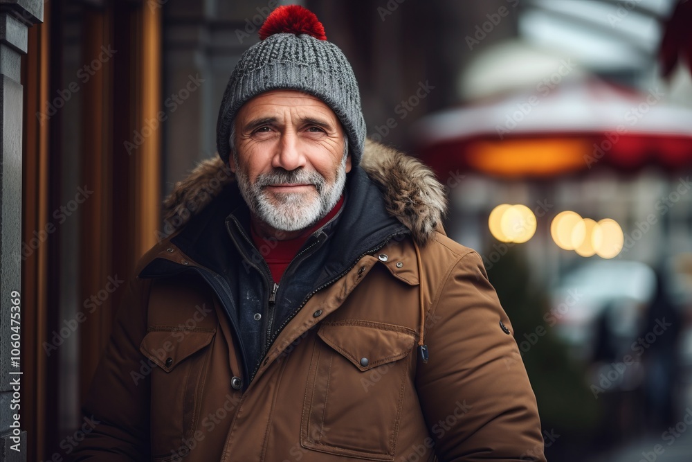 Portrait of a senior man with gray beard and gray hair wearing a hat and coat on a city street Portrait of a senior man with gray beard and gray hair wearing a hat and coat on a city street