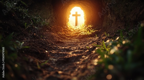 A journey through the tunnel of light leading to a cross at dawn in a serene natural setting photo