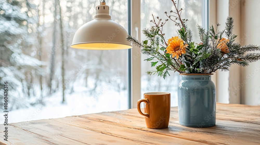 A cozy winter scene featuring a wooden table with a blue jar of flowers and a yellow mug, illuminated by a pendant lamp against a snowy backdrop. A cozy winter scene featuring a wooden table with a blue jar of flowers and a yellow mug, illuminated by a pendant lamp against a snowy backdrop.