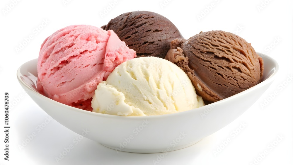 Neapolitan Ice Cream Trio in White Bowl, Isolated on White Background, Neapolitan Ice Cream Trio in White Bowl, Isolated on White Background,