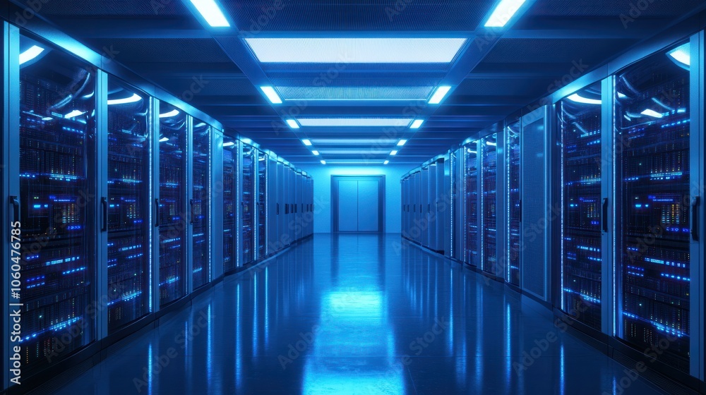 © Prapan - A high-tech server room featuring rows of server racks illuminated by cool blue LED lights. © Prapan - A high-tech server room featuring rows of server racks illuminated by cool blue LED lights.