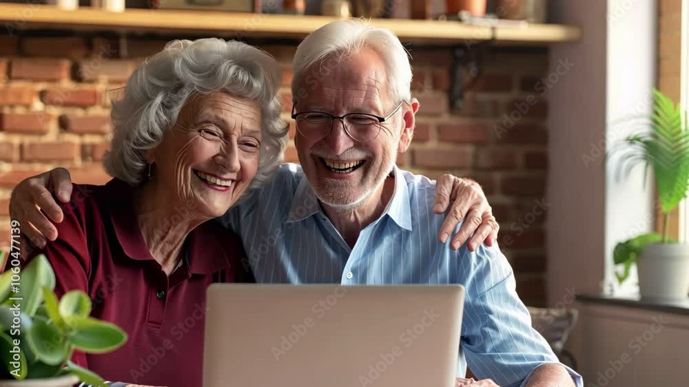 An elderly couple managing finances together at home, using a laptop for bills and payments. Their smiles show unity and satisfaction. Online communication with family. An elderly couple managing finances together at home, using a laptop for bills and payments. Their smiles show unity and satisfaction. Online communication with family.