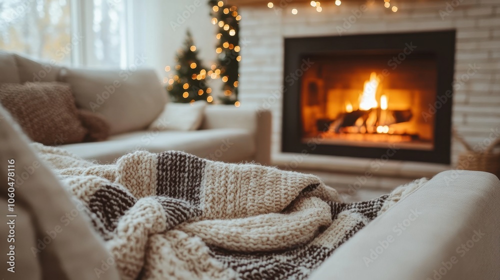 Cozy living room with a glowing fireplace and festive decorations during winter evenings