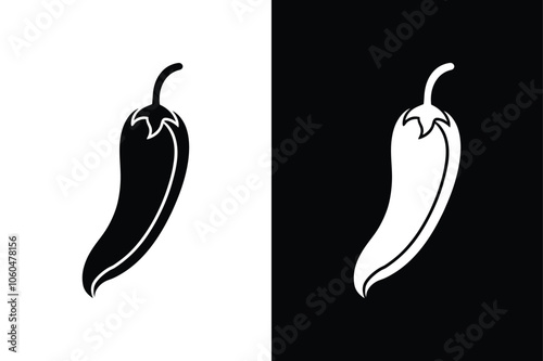 Spicy chili hot silhouette icon illustration on white and black background.