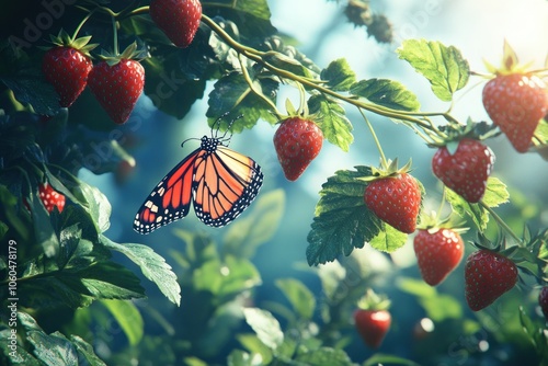 Beautiful Butterfly Among Fresh Strawberries