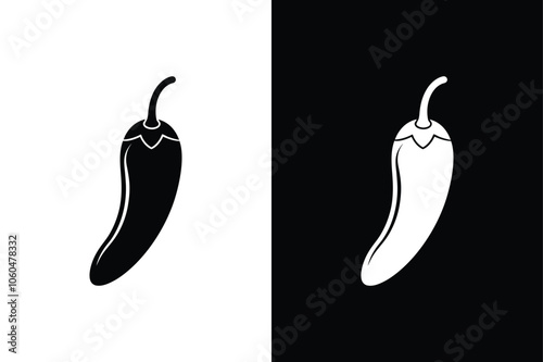 Spicy chili hot silhouette icon illustration on white and black background.