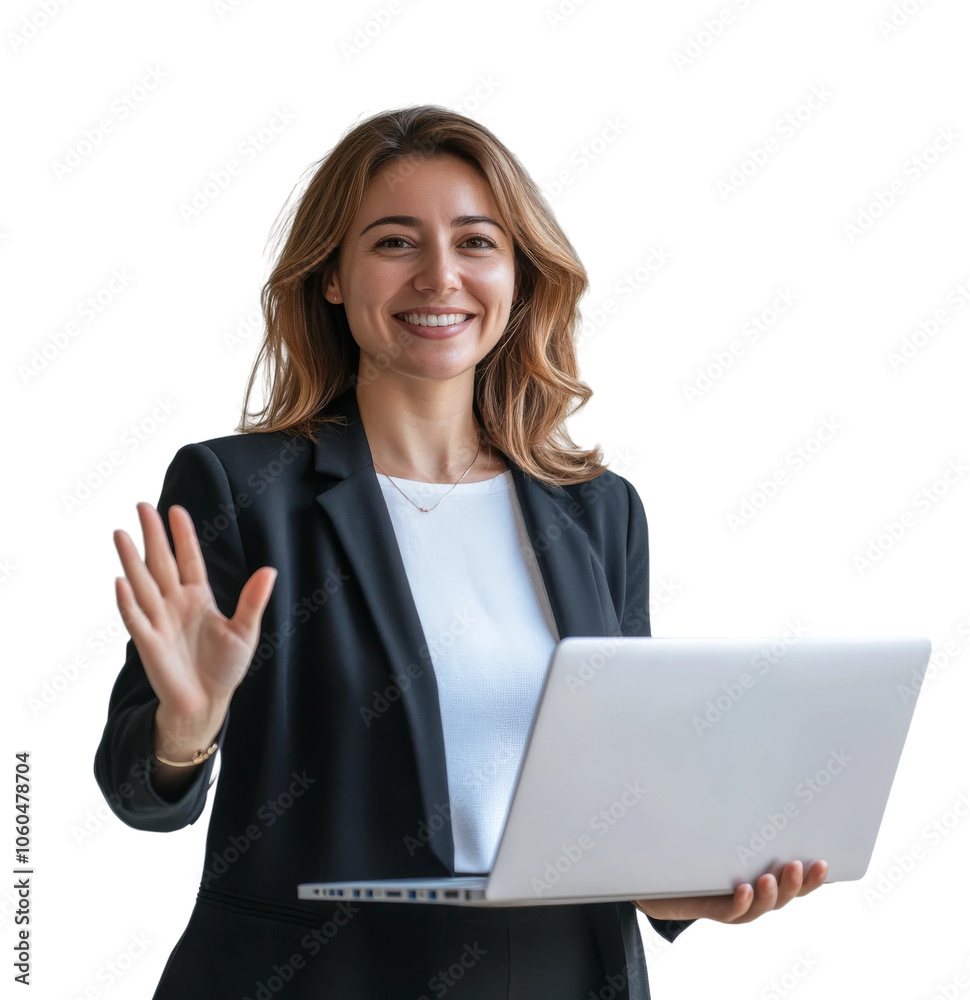 A professional woman waves while holding a laptop in a modern office setting during the daytime, showcasing her welcoming demeanor A professional woman waves while holding a laptop in a modern office setting during the daytime, showcasing her welcoming demeanor