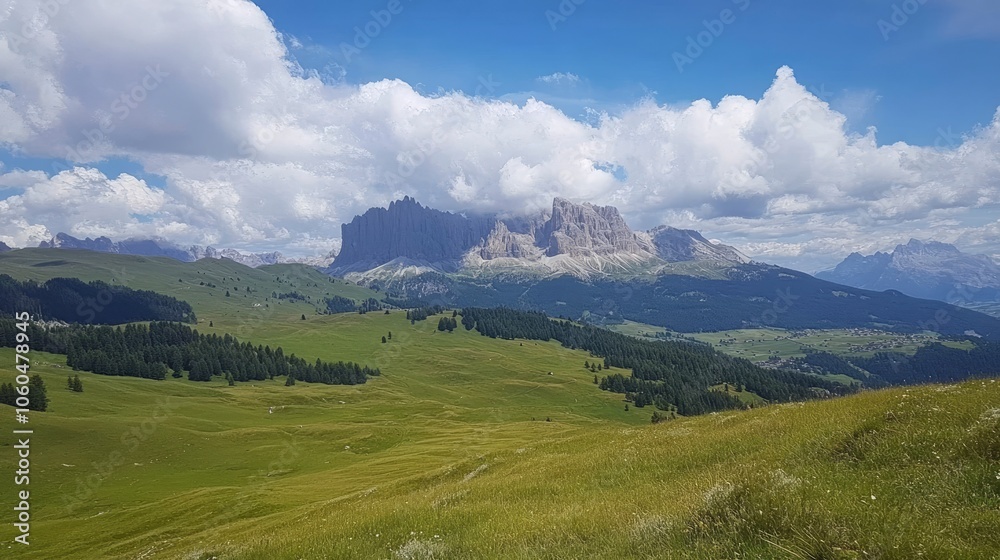 View of the Seiser Alm (Alpe di Siusi in Italian), one of the biggest alpine meadows on the Dolomites, with the Sassolungo and Sassopiatto peaks on the background View of the Seiser Alm (Alpe di Siusi in Italian), one of the biggest alpine meadows on the Dolomites, with the Sassolungo and Sassopiatto peaks on the background