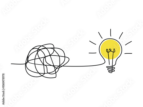 continuous line drawing of tangled and scribble wires with light bulbs design vector on transparent background