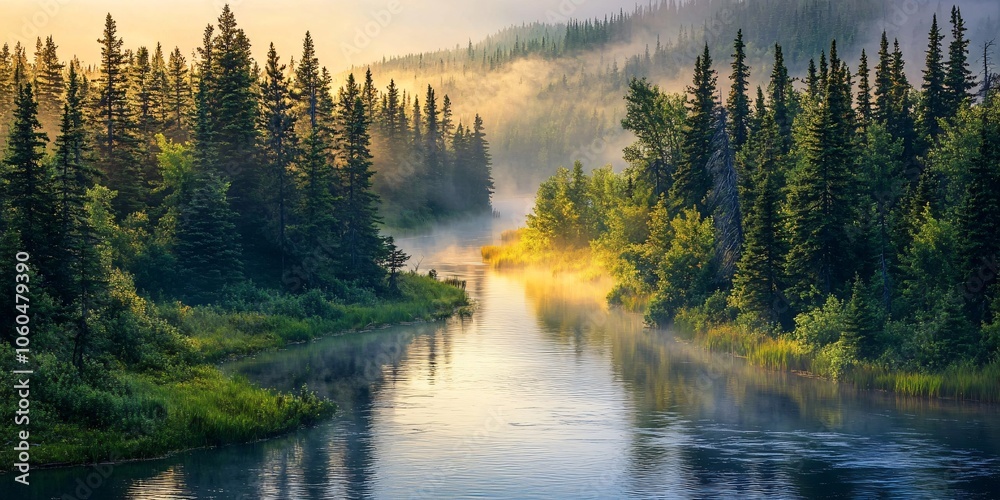 Serene Morning Mist Over River in Evergreen Forest Serene Morning Mist Over River in Evergreen Forest