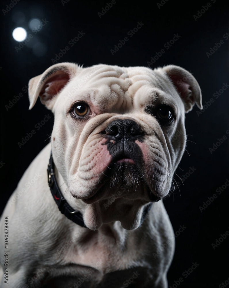 professional photo of white bulldog front view in a dark background pet picture