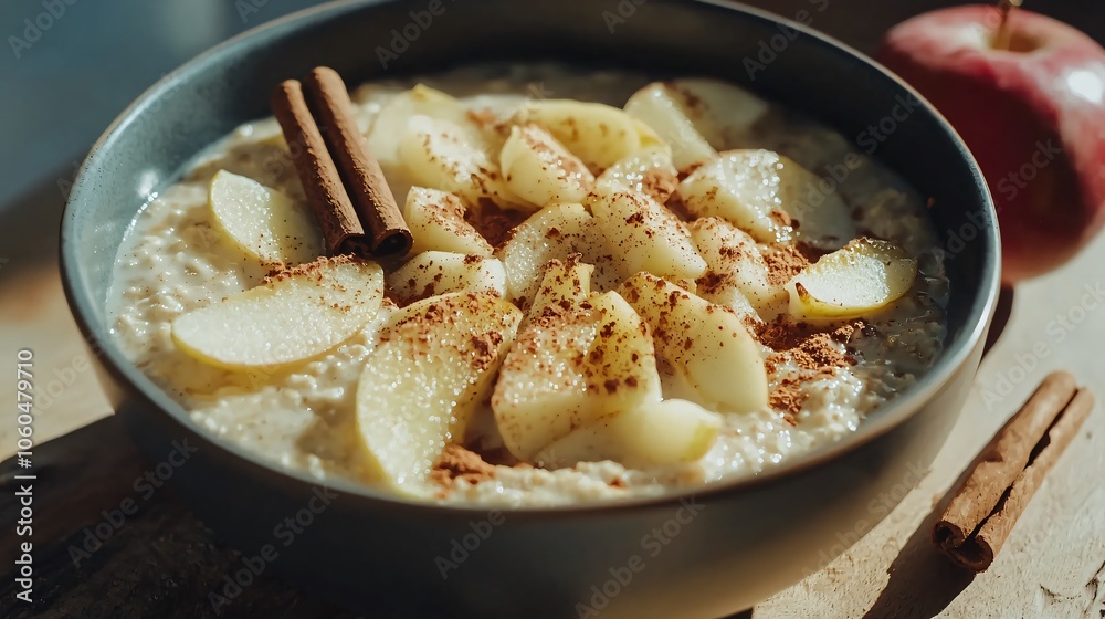 Delicious bowl of porridge topped with fresh apples and cinnamon for a wholesome breakfast experience Delicious bowl of porridge topped with fresh apples and cinnamon for a wholesome breakfast experience