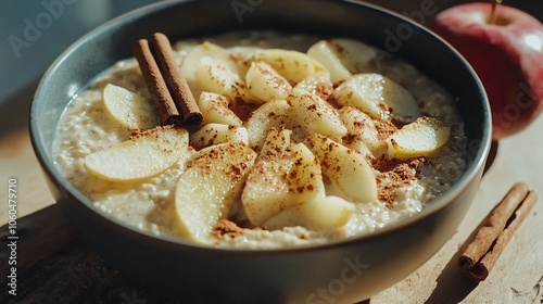 Delicious bowl of porridge topped with fresh apples and cinnamon for a wholesome breakfast experience