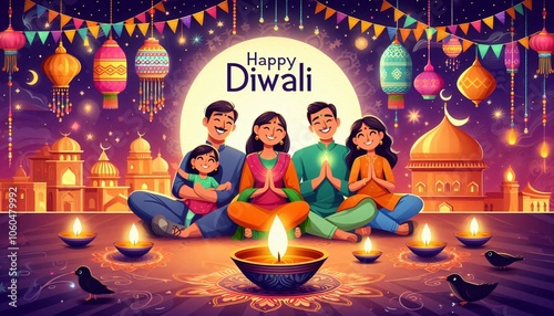 Indian festival of lights Happy Diwali with happy family, holiday Background, Diwali celebration greeting card, illustration design. photo