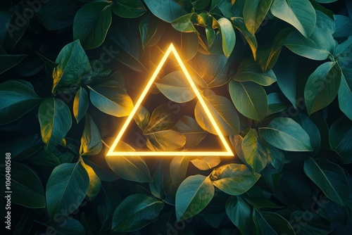 Glowing Triangle Symbol Amidst Green Leaves