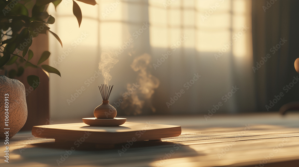 Tranquil Morning with Incense Burner: Calm and Peaceful Atmosphere