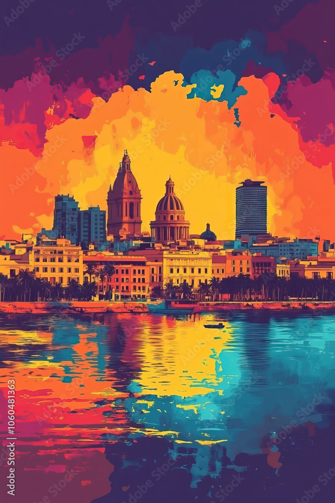 Obraz premium Murcia, Spain, Pop Art style theme print. Cityscape, city skyline.Vibrant, bright, modern, trendy, graphic designed for poster, card, wallpaper