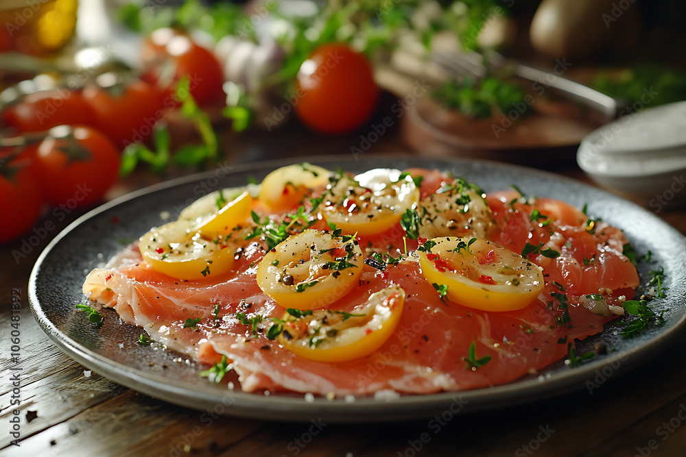 beautifully prepared homemade carpaccio with thinly sliced meat, garnished with fresh herbs and lemon slices, creating vibrant and appetizing dish beautifully prepared homemade carpaccio with thinly sliced meat, garnished with fresh herbs and lemon slices, creating vibrant and appetizing dish