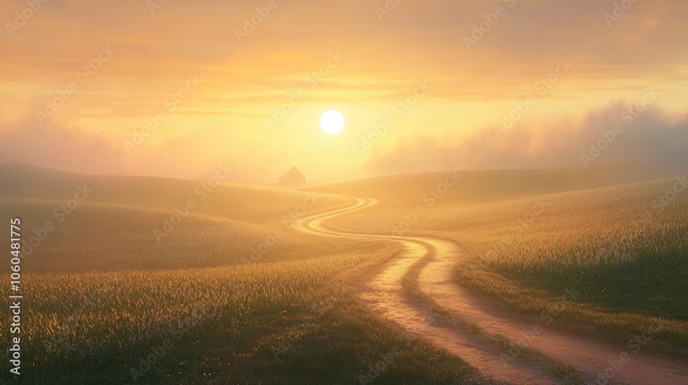 Winding Farm Road through Foggy Landscape - fields, meadow, sun during sunrise Winding Farm Road through Foggy Landscape - fields, meadow, sun during sunrise
