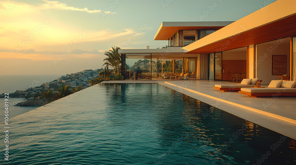 Fototapeta premium Modern private villa building, simple lines, concrete and wood are the materials that make up the main body, huge floor-to-ceiling glass windows.