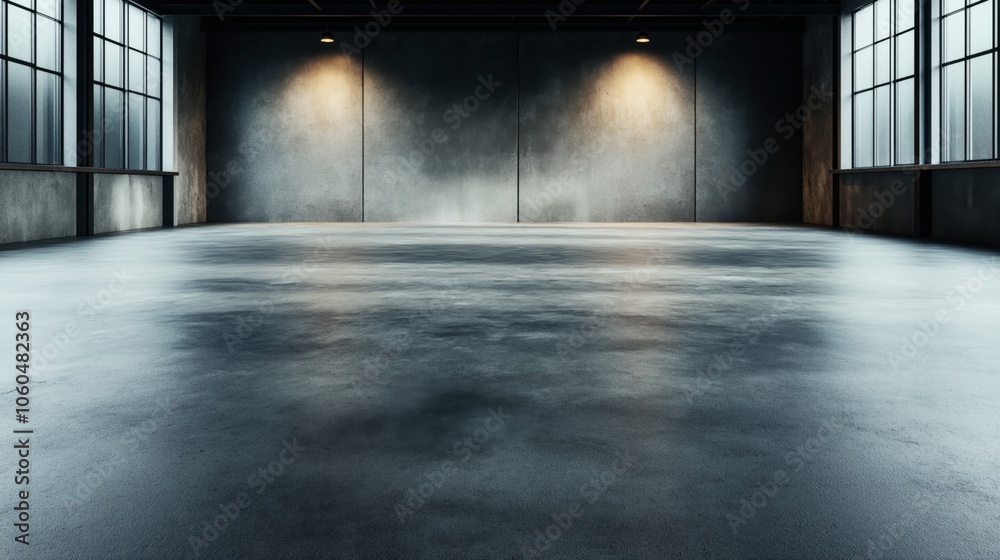 Spacious empty industrial interior with concrete floor, large windows, and dim lighting from ceiling fixtures creating a moody atmosphere. Spacious empty industrial interior with concrete floor, large windows, and dim lighting from ceiling fixtures creating a moody atmosphere.
