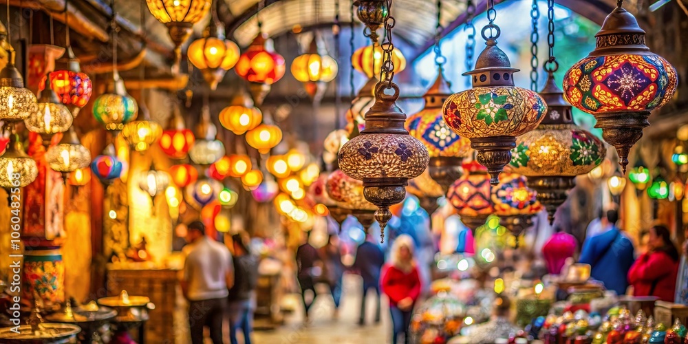 Naklejka premium A tapestry of vibrant lanterns hanging in an atmospheric market, their intricate glass mosaics casting a warm glow on the bustling crowd below.