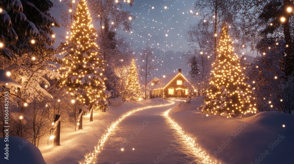 Snowy Winter Wonderland With Cabin Lights